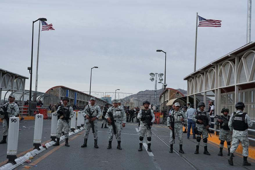 Mexican National Guardsman block off the Paso del Norte International Bridge.