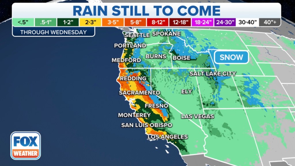 A Fox Weather map showing rain on the West Coast