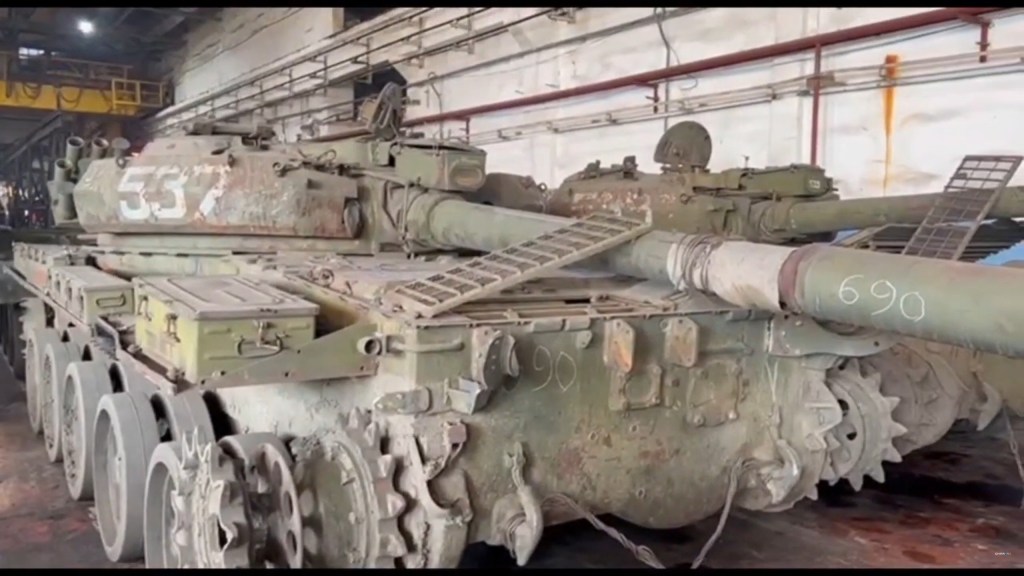 An old T-62M tank is pictured before repairs at a plant near Chita, Russia.