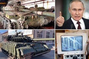 Russia has gotten some 800 rusted-out T-62M tanks out of storage to upgrade them and get them battle-ready (before and after, left) after Vladimir Putin's (top right) forces have lost thousands of its more advanced military vehicles in Ukraine over the past year.