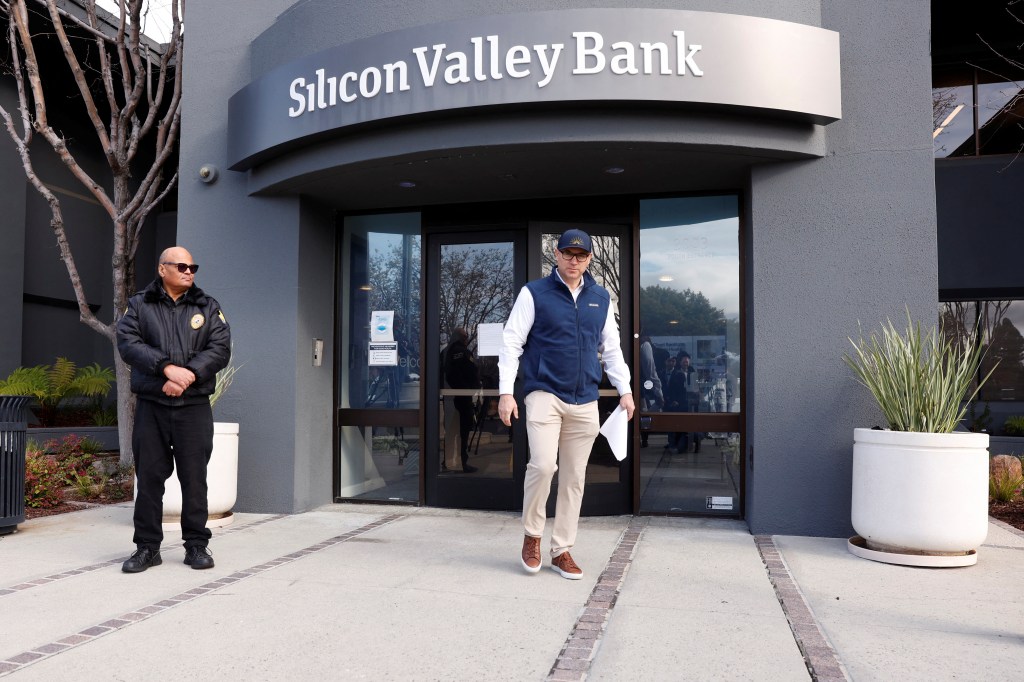 A customer leaving Silicon Valley Bank headquarters in Santa Clara, California on March 13, 2023.