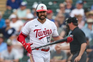 Joey Gallo reacts after striking out during the Twins' spring training game against the Yankees on March 13.