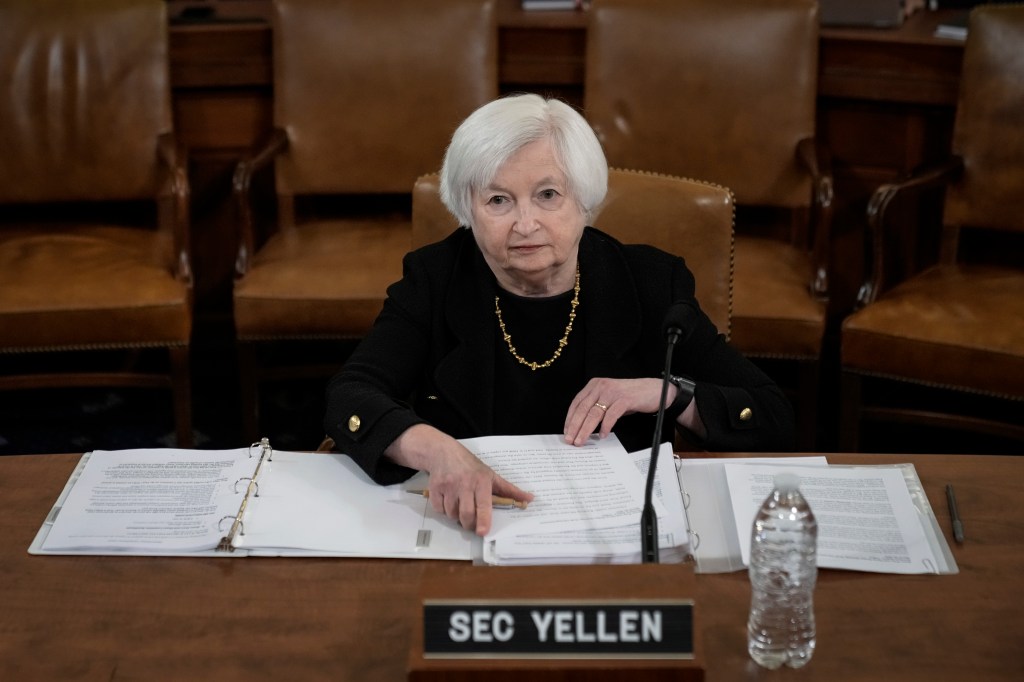 U.S. Treasury Secretary Janet Yellen takes her seat as she arrives for a House Ways and Means Committee hearing on Capitol Hill March 10, 2023 in Washington, DC. 