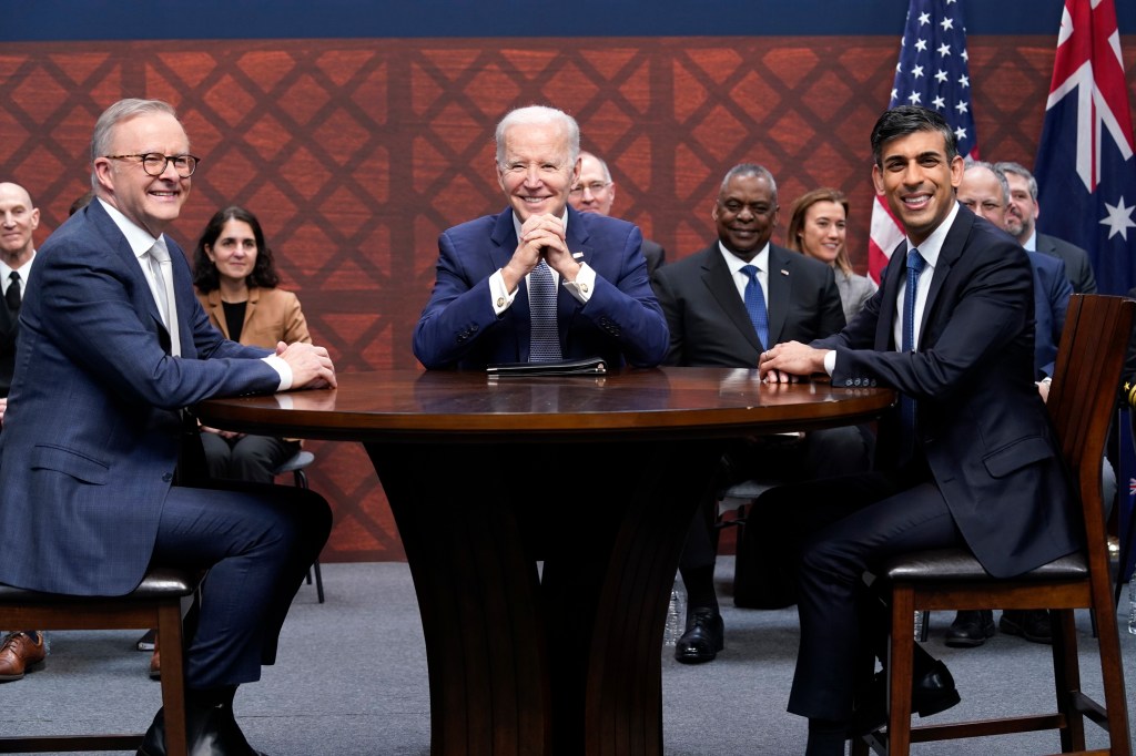 President Joe Biden participates in a meeting with British Prime Minister Rishi Sunak and Australian Prime Minister Anthony Albanese