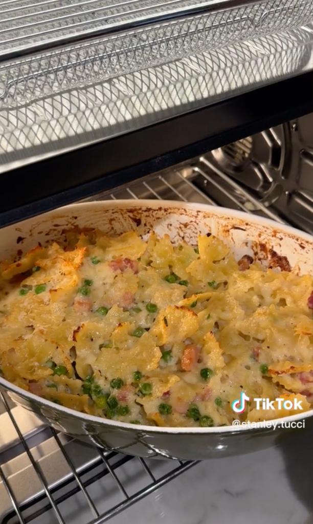 The recipe featured Farfalle pasta, peas, panchetta, and Béchamel sauce.