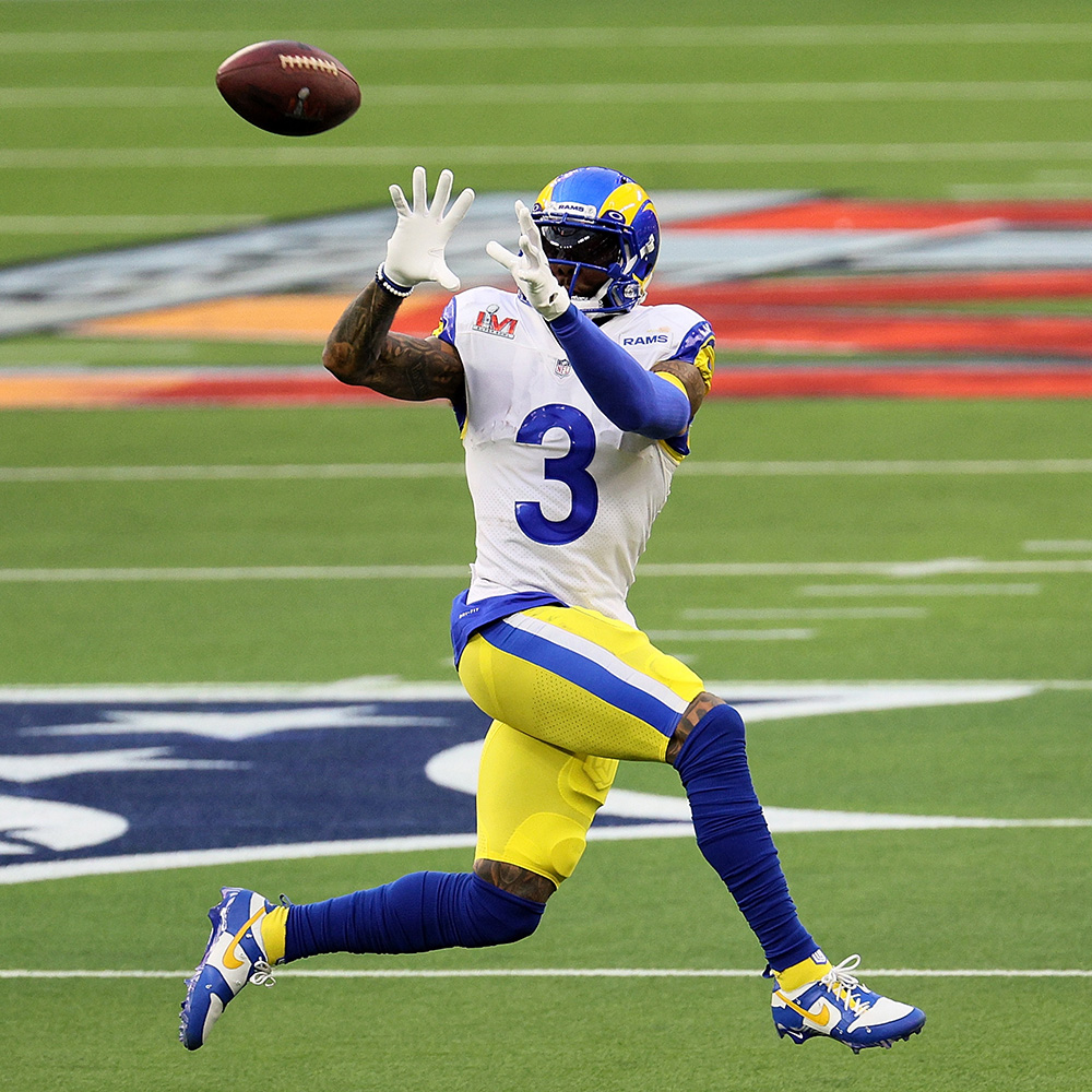 Rams receiver Odell Beckham Jr. catches the ball against the Bengals during Super Bowl LVI at SoFi Stadium on Feb. 13, 2022 in Inglewood, California.  