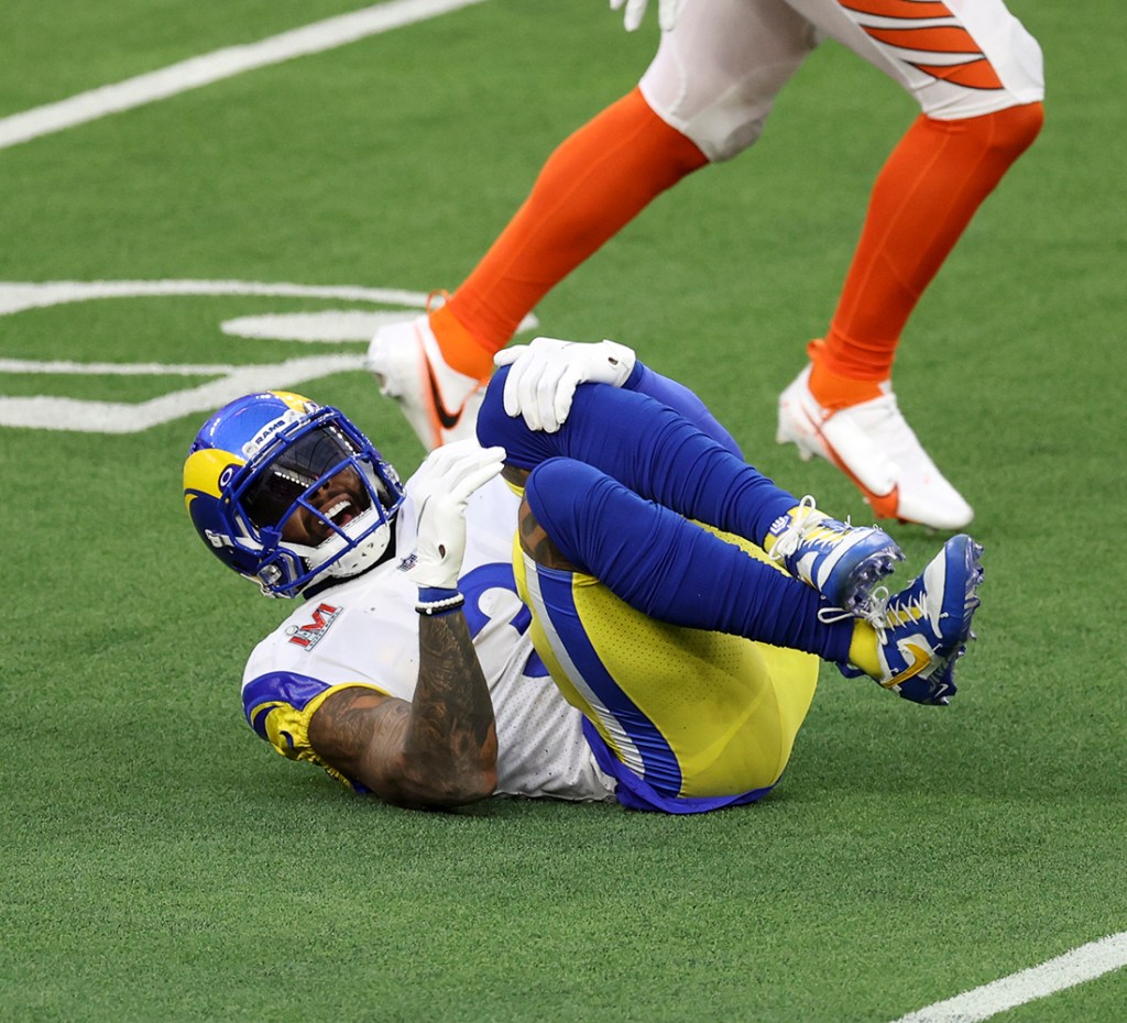 Rams receiver Odell Beckham Jr. reacts to a knee injury against the  Bengals during Super Bowl 56 at SoFi Stadium on Feb. 13, 2022 in Inglewood, California.  