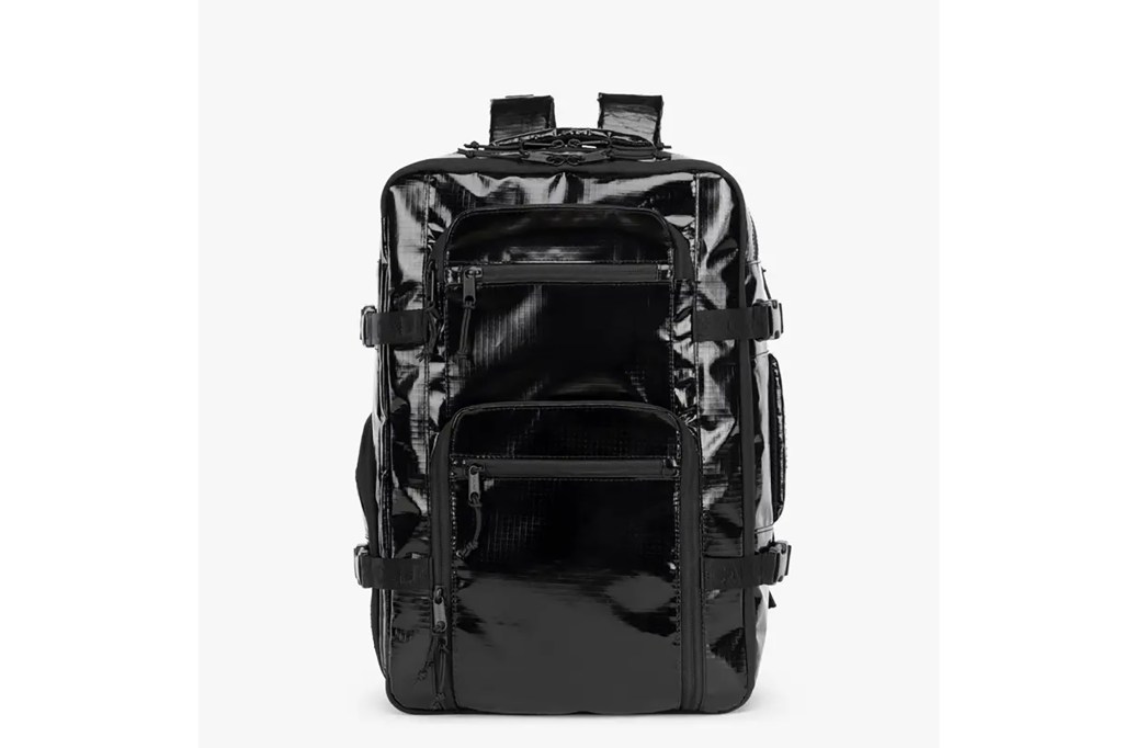 A shiny black backpack
