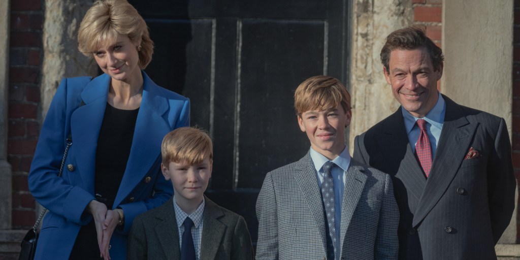 Actors portraying Princess Diana, Prince Harry, Prince William and then-Prince Charles pose together in Netflix's "The Crown"