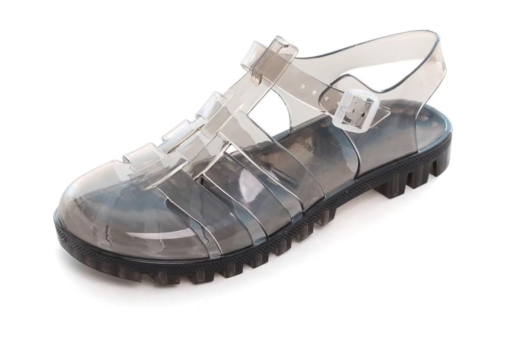 A clear grey jelly sandal. 