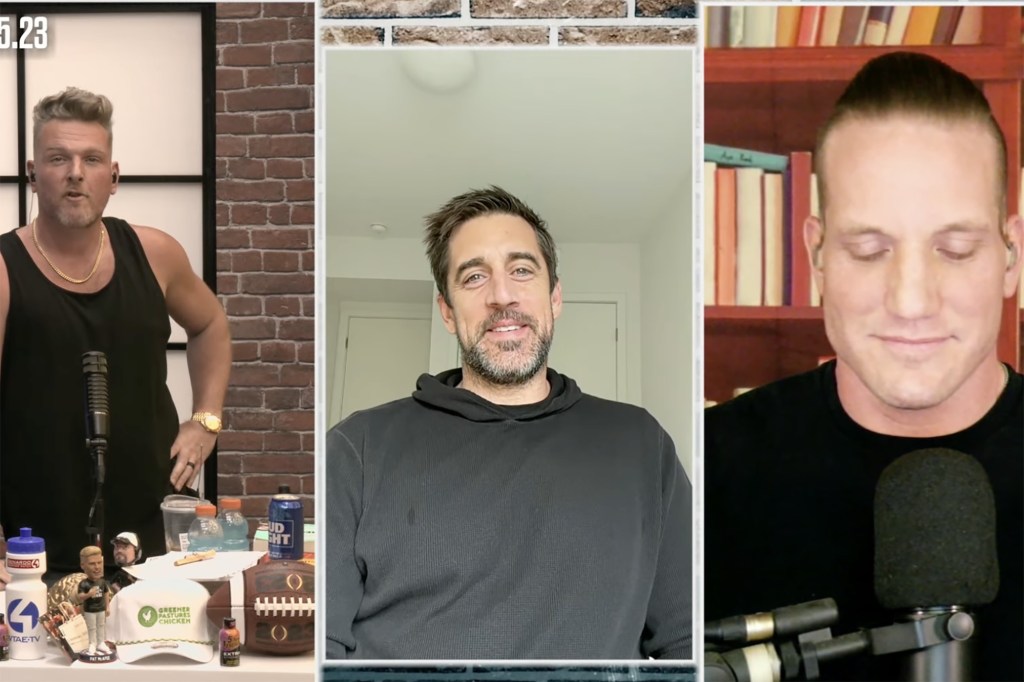 Aaron Rodgers appears on "The Pat McAfee Show" on March 15, 2023.