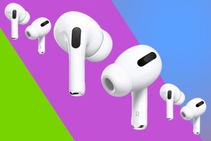 AirPods repeat on a colorful background.