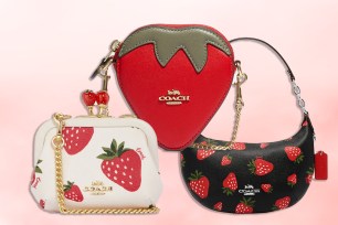 A collage of three strawberry purses from Coach