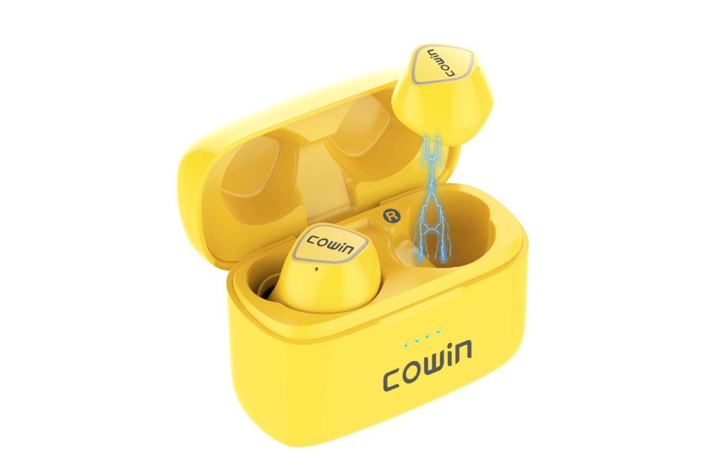 yellow wireless earbuds in matching case
