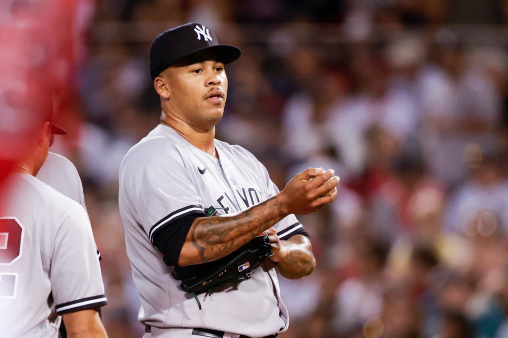 New York Yankees starting pitcher Frankie Montas reacts in the fourth inning against the Boston Red Sox