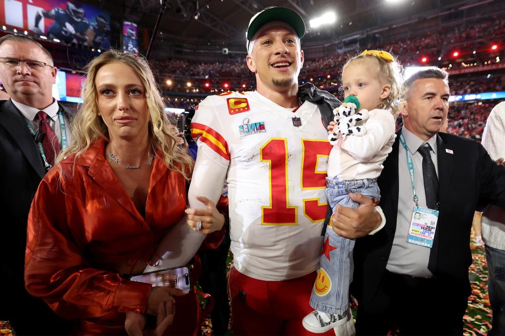Brittany Matthews and Patrick Mahomes celebrate the Chiefs' Super Bowl 2023 win with their daughter, Sterling Skye.