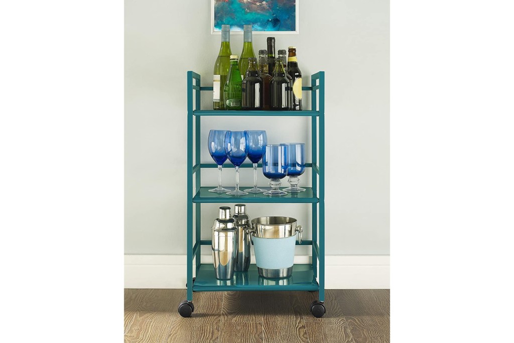 teal three-tier metal cart