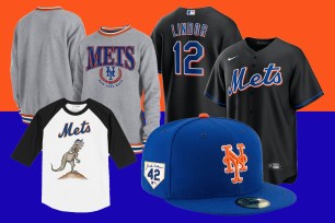 Mets Merchandise on a blue and orange background.