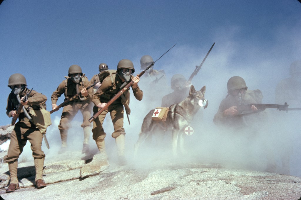 A group of US Army soldiers, rifles in hand, wear gas masks during a training exercise related to chemical attacks, California, 1943.