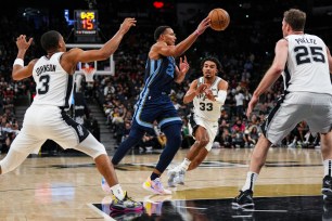 Desmond Bane #22 of the Memphis Grizzlies passes the ball against the San Antonio