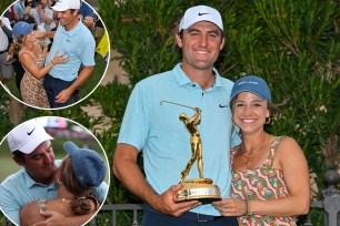 Scottie Scheffler embraces wife Meredith after Players Championship win