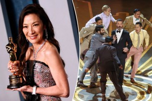 Oscar winner Michelle Yeoh celebrates her victory (left) as host Jimmy Kimmel keeps things moving at the 95th Academy Awards on Sunday.