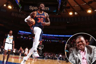Julius Randle skips for joy during a 57-point game for the Knicks; inset of Bernard King