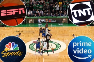 ESPN logo, NBA Finals Game 1 between the Warriors and Celtics, TNT logo, Amazin Prime Video logo, NBC Sports logo