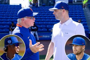 Buck Showalter chats with David Wright; insets of Francisco Lindor and Brandon Nimmo of the Mets