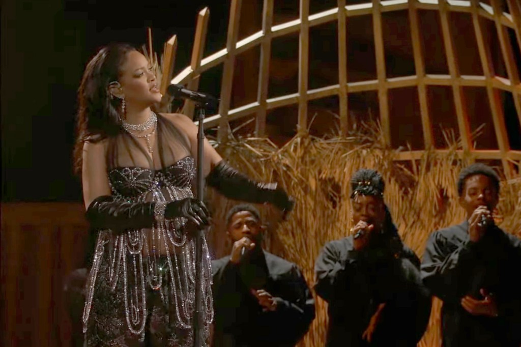 Rihanna performing "Lift Me Up" at the 2023 Oscars.