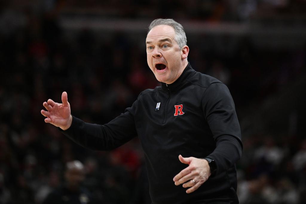 Head coach Steve Pikiell of the Rutgers Scarlet Knights reacts against the Purdue Boilermakers the first half in the quarterfinals of the Big Ten Tournament at United Center on March 10, 2023 in Chicago, Illinois.