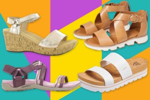 Different sandals on a multicolored background.