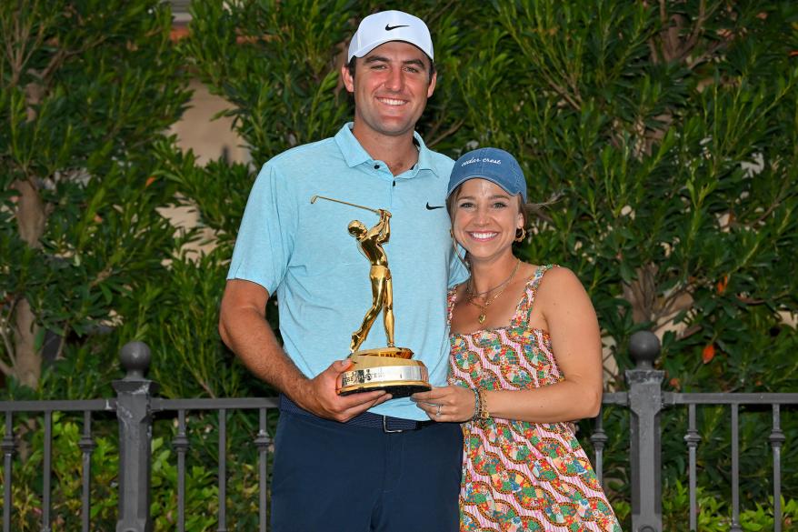 Scottie Scheffler celebrates his Players Championship win with wife Meredith on Sunday, March 12, 2023.