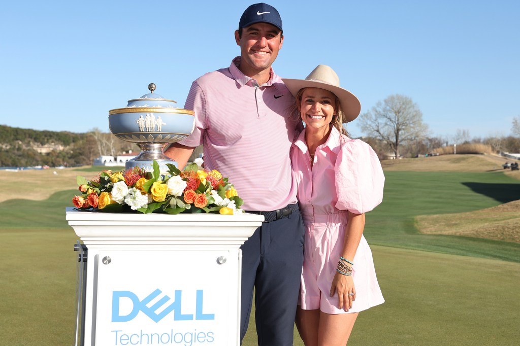 Scottie Scheffler and wife Meredith smile after the WGC-Dell Technologies Match Play in March 2022.