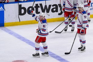 Former Blues star Vladimir Tarasenko acknowledges the fans in St. Louis.