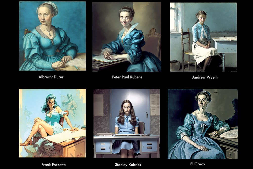 Midjourney impressively rendered a prompted image of a woman sitting in a blue dress in the style of many famous artists.