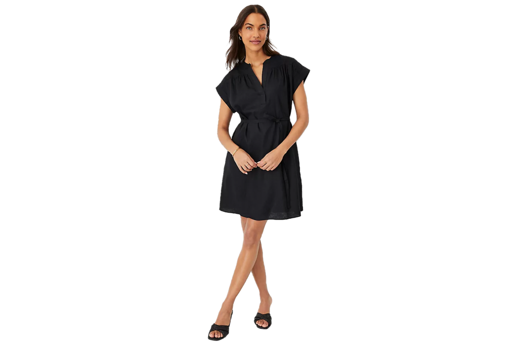 Ann Taylor Linen Blend Belted Split Neck Shift Dress