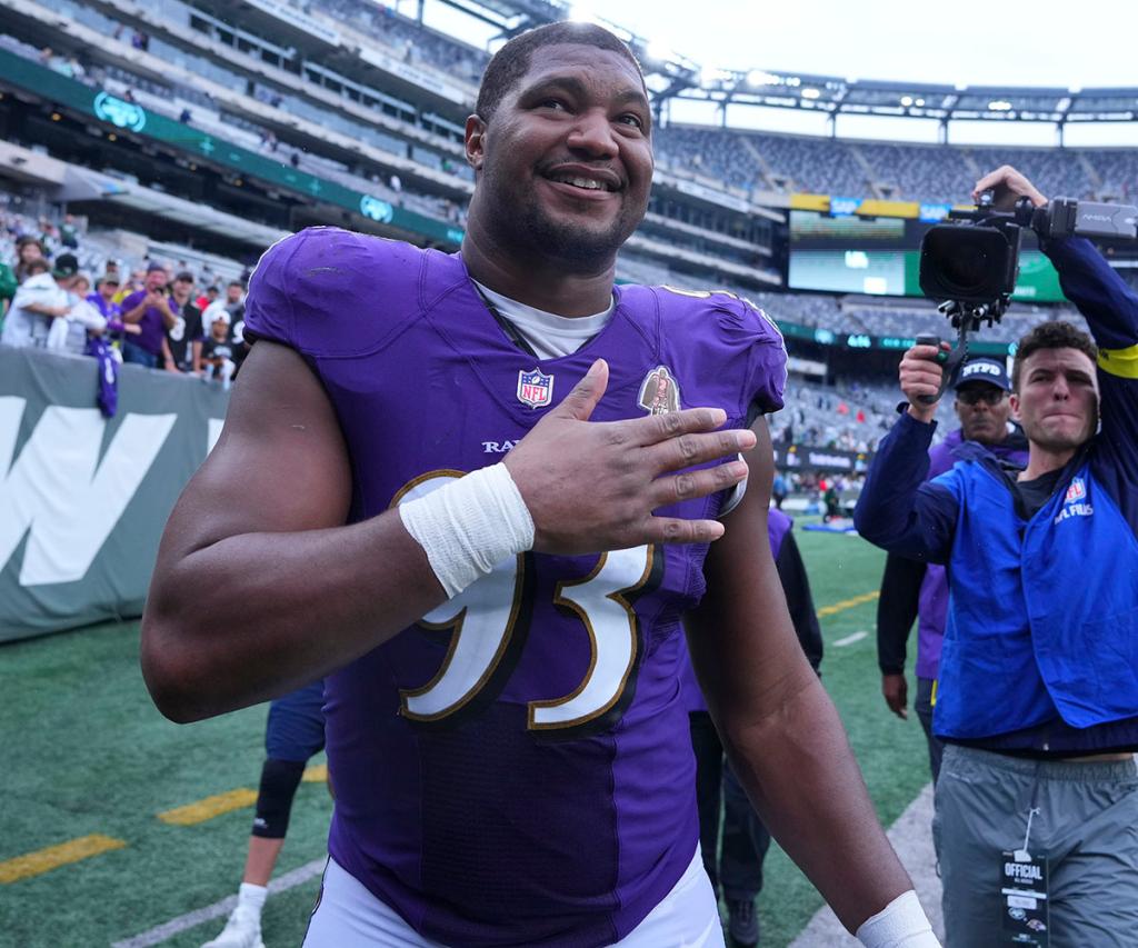 Calais Campbell #93 of the Baltimore Ravens smiles after the game against the New York Jets at MetLife Stadium on Sept. 11, 2022 in East Rutherford, New Jersey.