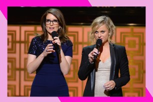 Tina Fey and Amy Poehler perform onstage together.