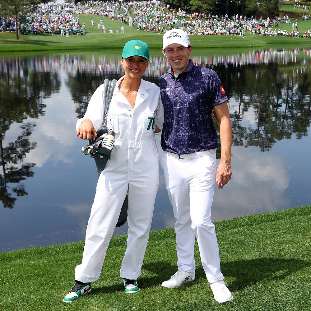 Matt Fitzpatrick of England poses with his girlfriend Katherine Gaal during the Par 3 contest prior to the 2023 Masters Tournament at Augusta National Golf Club on April 5, 2023 in Augusta, Georgia.  