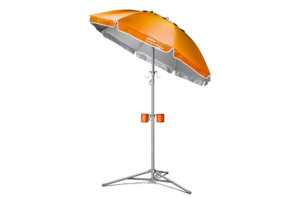 orange and steel beach umbrella with attached cup holders