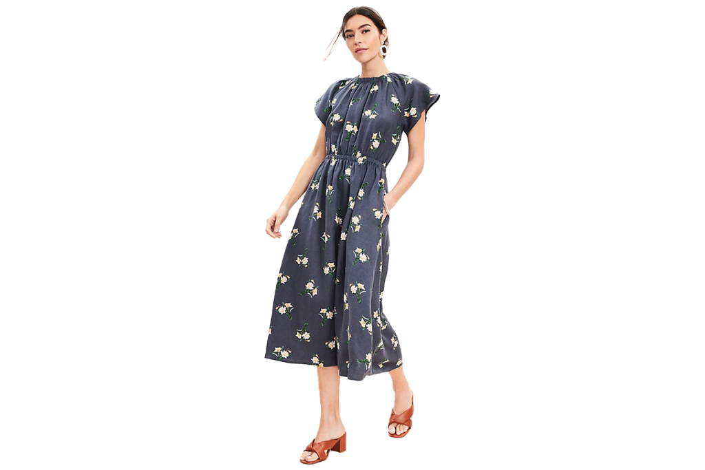 LOFT Daffodil Linen Blend Smocked Flutter Midi Dress