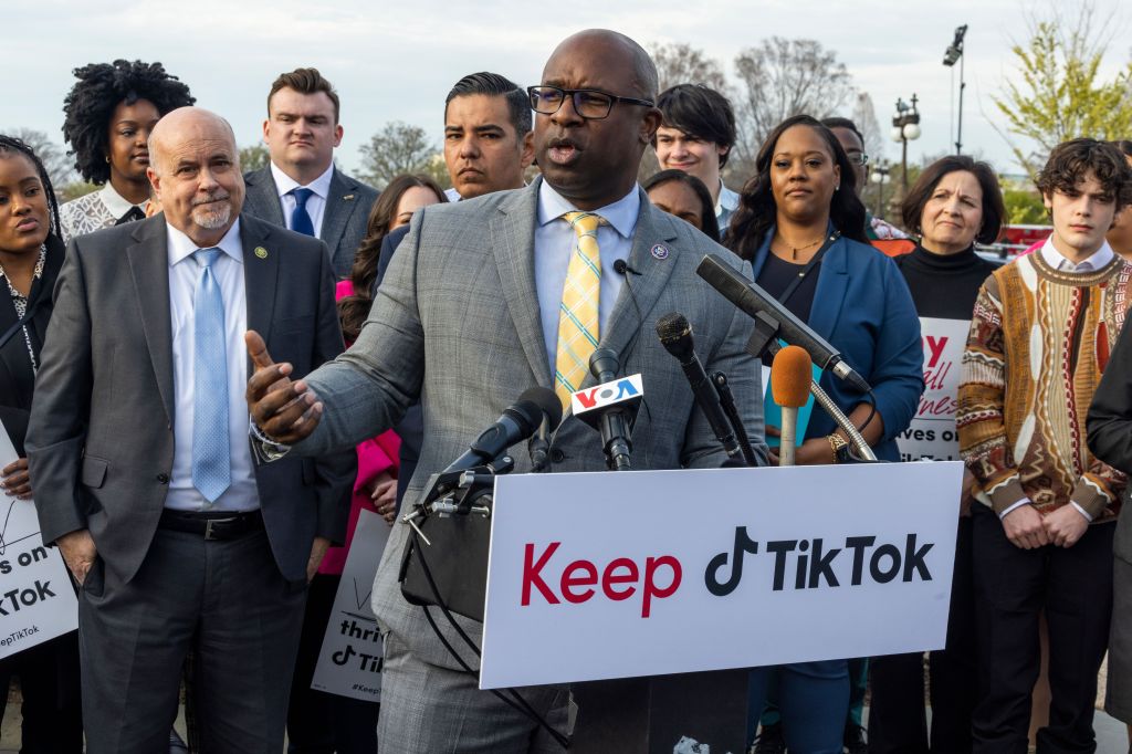 Rep. Jamaal Bowman speaks at an event in opposition to TikTok bans.