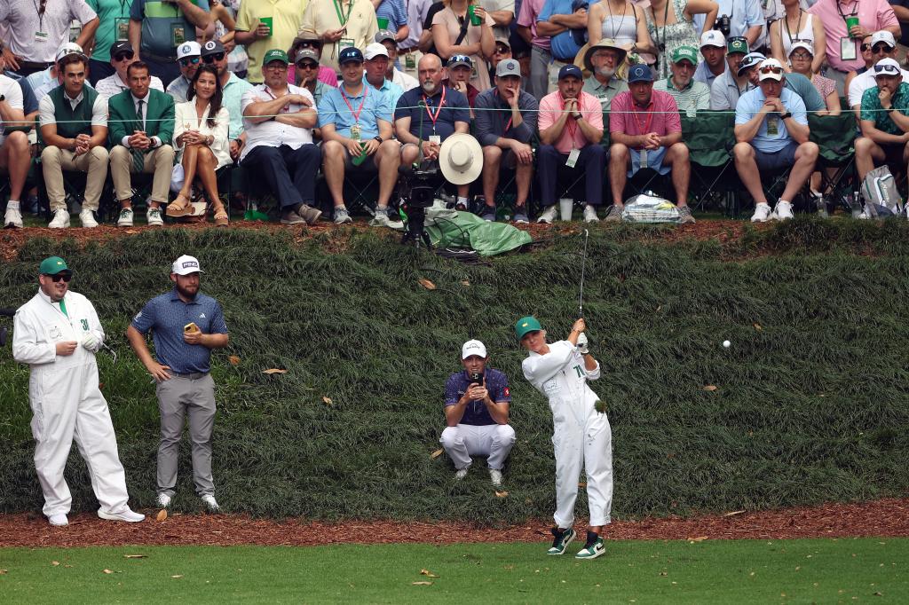 Matt Fitzpatrick's girlfriend Katherine Gaal plays her shot from the ninth tee during the Par 3 contest prior to the 2023 Masters Tournament at Augusta National Golf Club on April 5, 2023 in Augusta, Georgia.