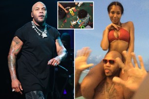 Flo Rida/ Alexis Adams on Flo Rida's shoulders/ a photo of their son Zohar