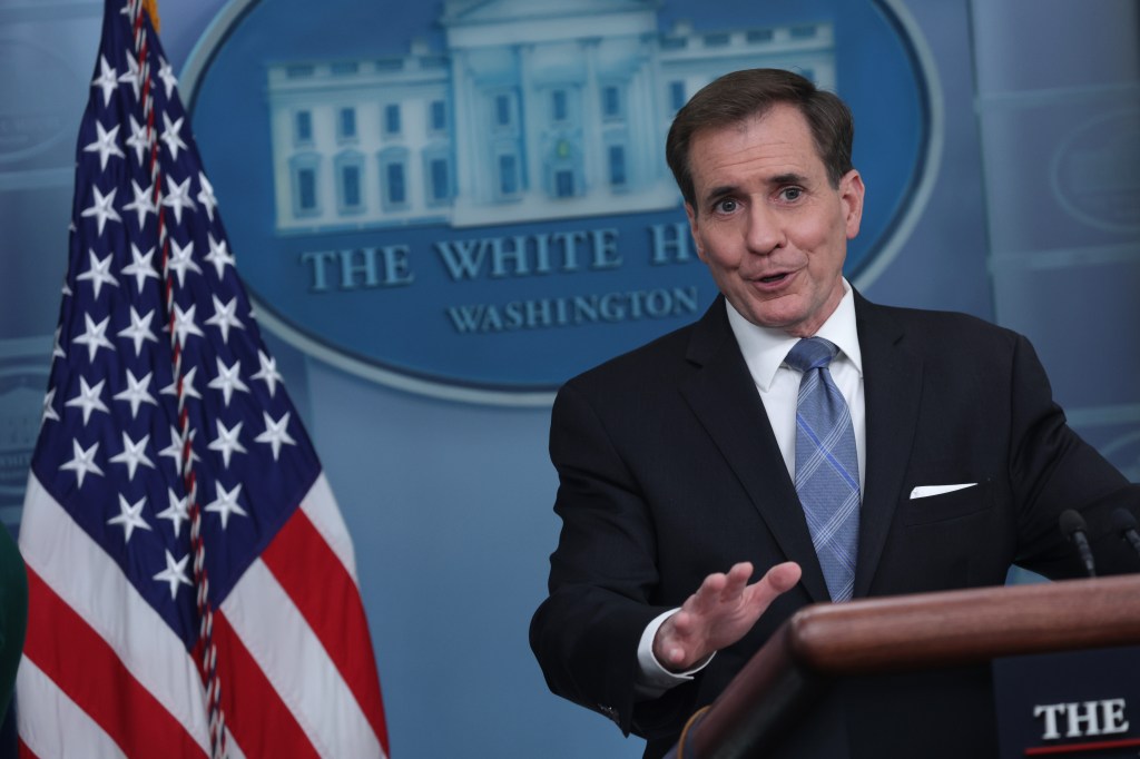 Coordinator for Strategic Communications at the National Security Council John Kirby speaks during a daily news briefing.