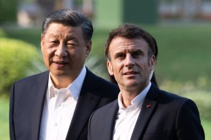 French President Emmanuel Macron with Chinese President Xi Jinping during a trip to China on April 7, 2023.