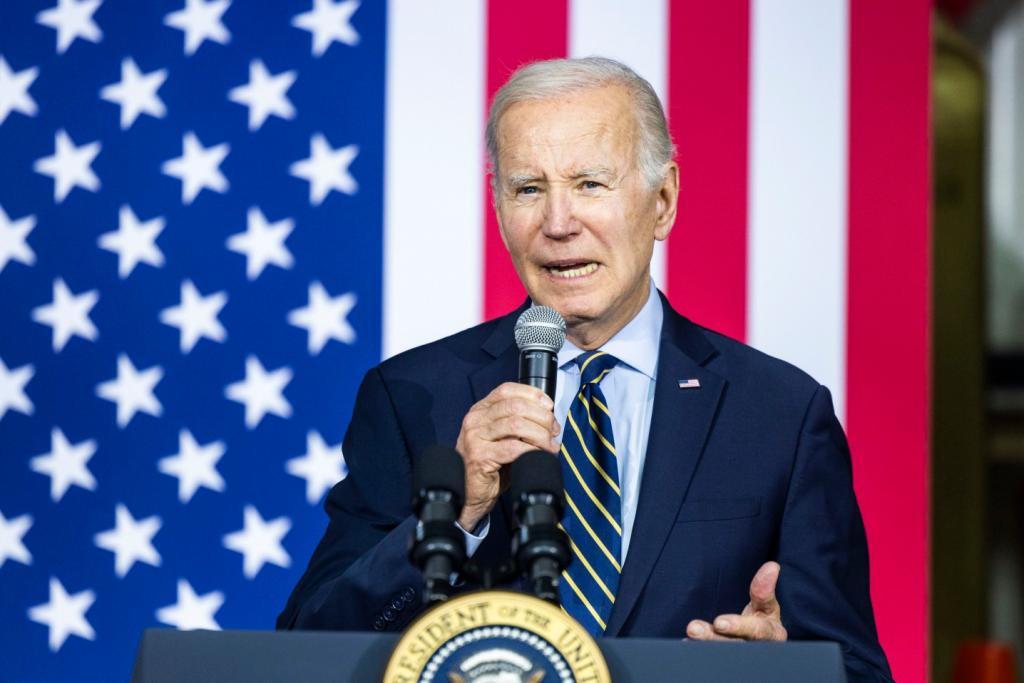 United States President Joe Biden speaks on his administration planning to 'reward work, not wealth' at a union training facility in Accokeek, Maryland on April 19, 2023.