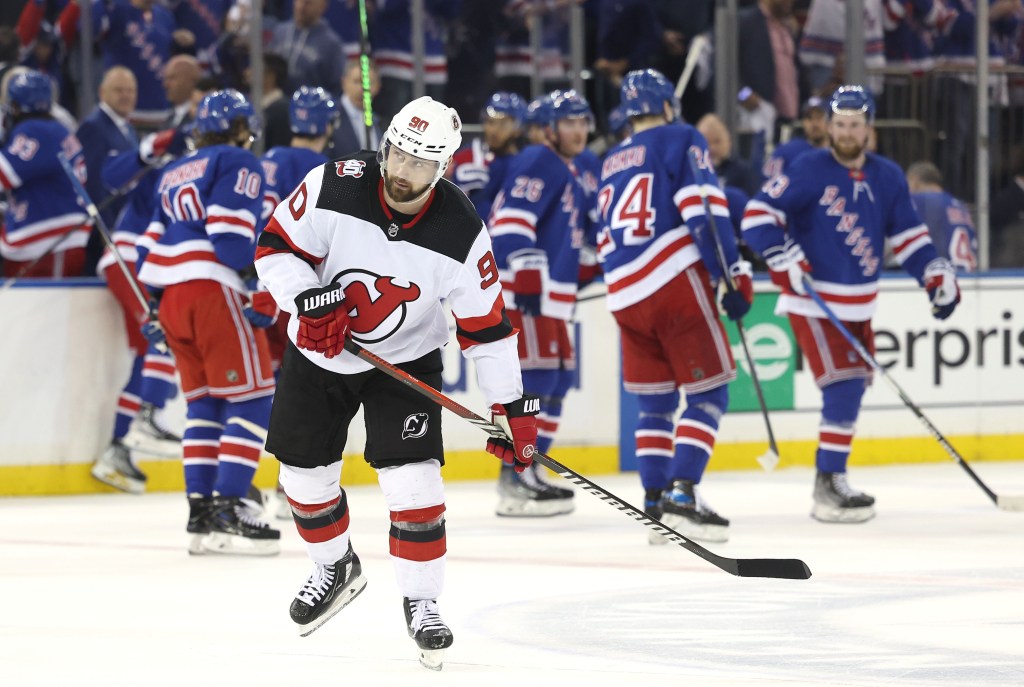 Devils' Tomas Tatar skates off the ice after the Rangers' 6-2 Game 6 victory.