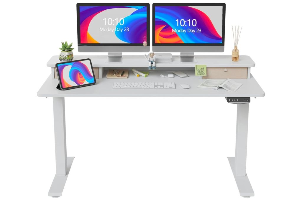 A standing desk with drawers